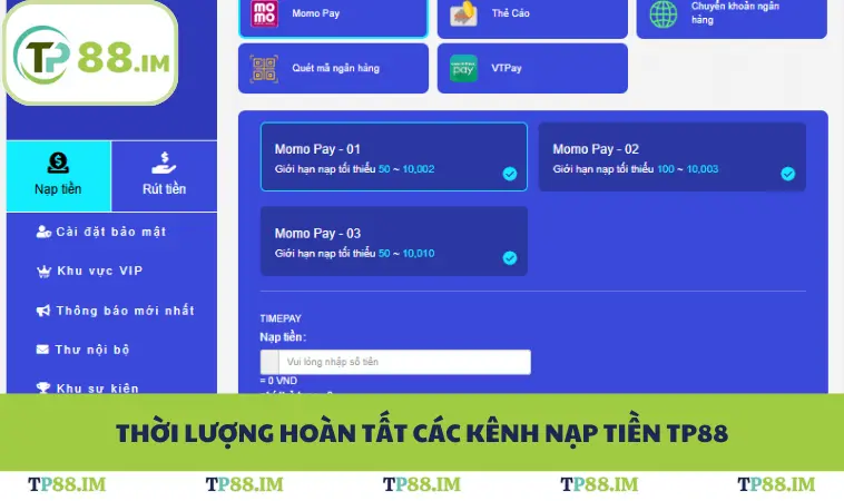 Thời lượng hoàn tất các kênh nạp tiền TP88